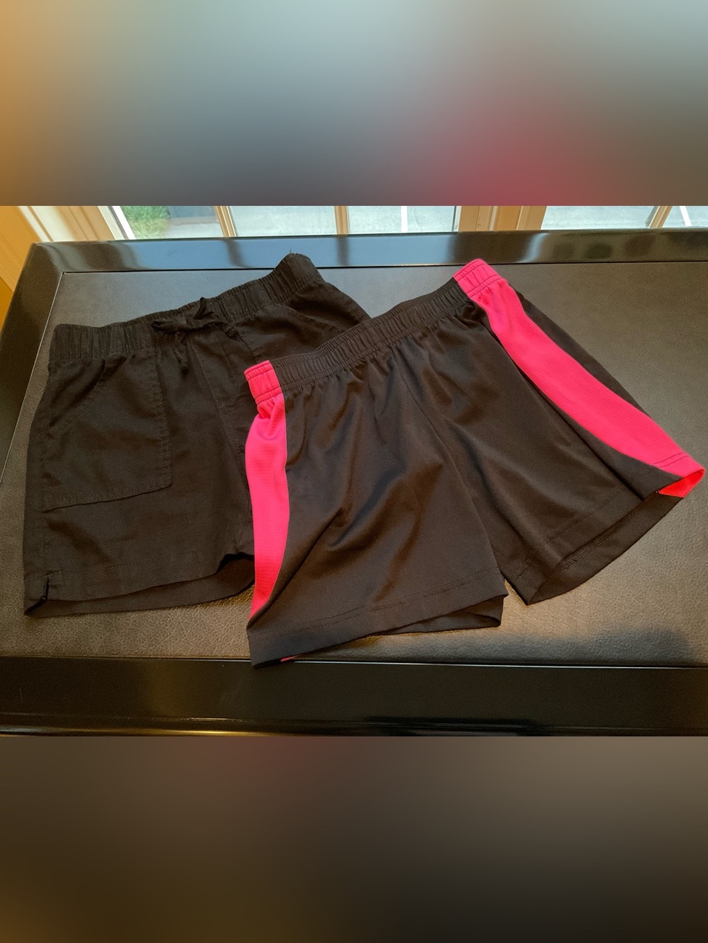 2 Pairs Girls's Black Shorts w/ Pink Side Stripe - 1 Athletic 1 Dress Med (7-8)